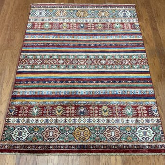 Afghan Hand-Knotted Khorjeen Super Kazak Wool Rug (4'1 x 5'9)
