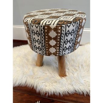 Indo Upholstered Geometric Cloth Round Footstool (14" x 14" x 17")